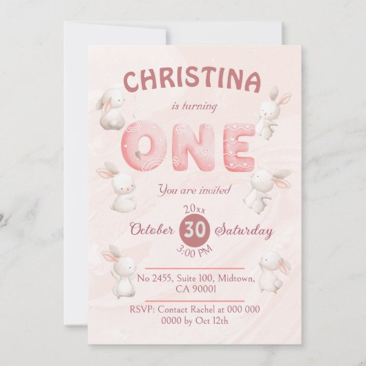 可愛いピンクのバニーをテーマにしたパステルモダンの1回目の誕生日 招待状 (正面)