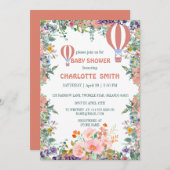 可愛いピンクのバルーン水色フローラ赤ちゃんシャワー 招待状 (正面/裏面)