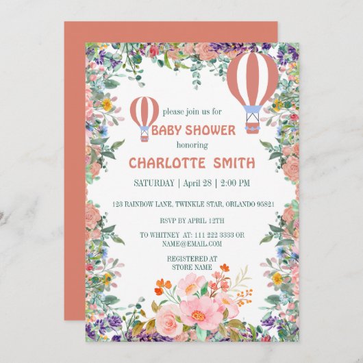 可愛いピンクのバルーン水色フローラ赤ちゃんシャワー 招待状 (正面/裏面)