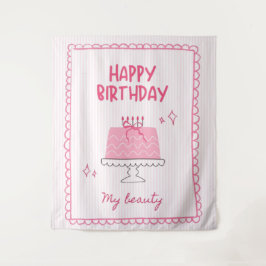 可愛いピンクのバースデーケーキ "Happy Birthday My Beauty" タペストリー