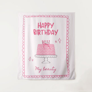 可愛いピンクのバースデーケーキ "Happy Birthday My Beauty" タペストリー