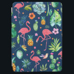 可愛いピンクのフラミンゴ&トロピカルチラシ iPad AIR カバー<br><div class="desc">可愛いカラフルの熱帯花、動物、フラミンゴ、パイナップル、サボテンのシームレスなパターンとネイビーブルー変更可能な背景色。</div>