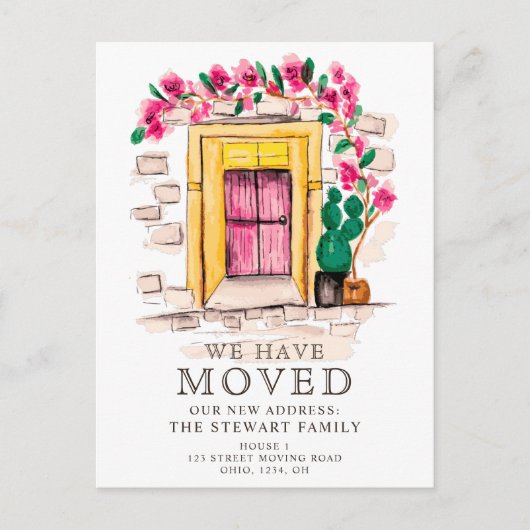 可愛いピンクのフローラサボテンのドア新しい家の移動 案内ポストカード (正面)