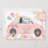 可愛いピンクのフローラ金ゴールド車のベビーシャワー 招待状 (正面)