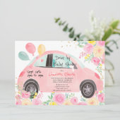 可愛いピンクのフローラ金ゴールド車のベビーシャワー 招待状 (スタンド正面)