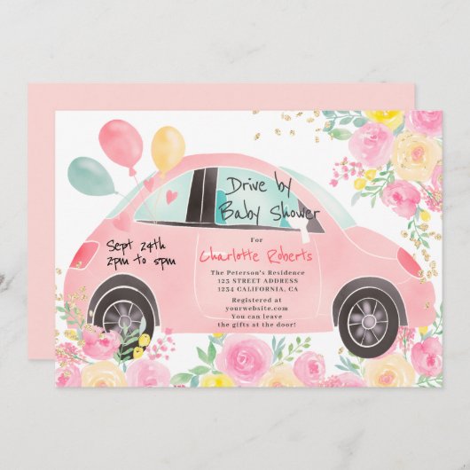 可愛いピンクのフローラ金ゴールド車のベビーシャワー 招待状 (正面/裏面)