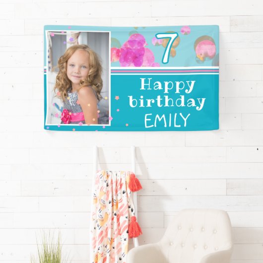 可愛いピンクのブルーガーリーバブル写真誕生日パーティー 横断幕 (インサイチュ)