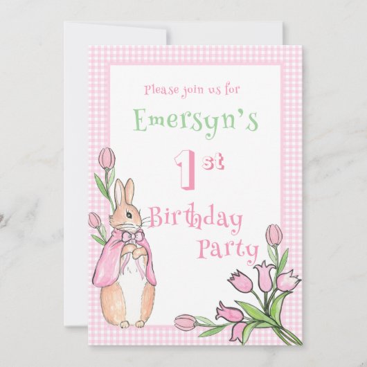 可愛いピンクのベアトリックスポッター1st誕生日パーティー 招待状 (正面)