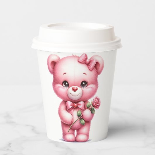 可愛いピンクのベビーガールテディベアとバラ 紙コップ (正面)