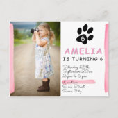 可愛いピンクのポーの写真の誕生日パーティーの招待 インビテーションポストカード (正面)