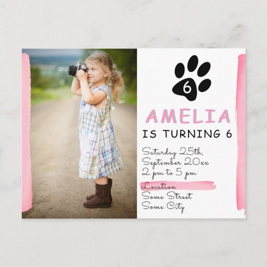 可愛いピンクのポーの写真の誕生日パーティーの招待 インビテーションポストカード (正面)