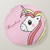 可愛いピンクのユニコーンストライプの柄の少女の名前 ラウンドクッション (正面)