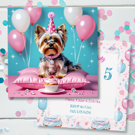 可愛いピンクのヨークシャテリアの女の子の誕生日パーティー 招待状