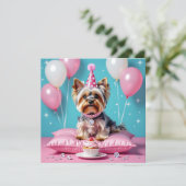 可愛いピンクのヨークシャテリアの女の子の誕生日パーティー 招待状 (スタンド正面)