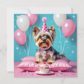 可愛いピンクのヨークシャテリアの女の子の誕生日パーティー 招待状 (正面)