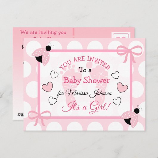 可愛いピンクのラディバグ女の子の赤ちゃんシャワーをテーマにした招待状 ポストカード (正面/裏面)
