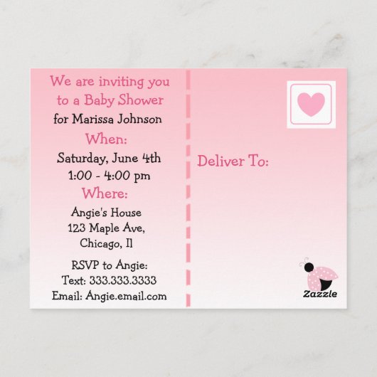 可愛いピンクのラディバグ女の子の赤ちゃんシャワーをテーマにした招待状 ポストカード (裏面)