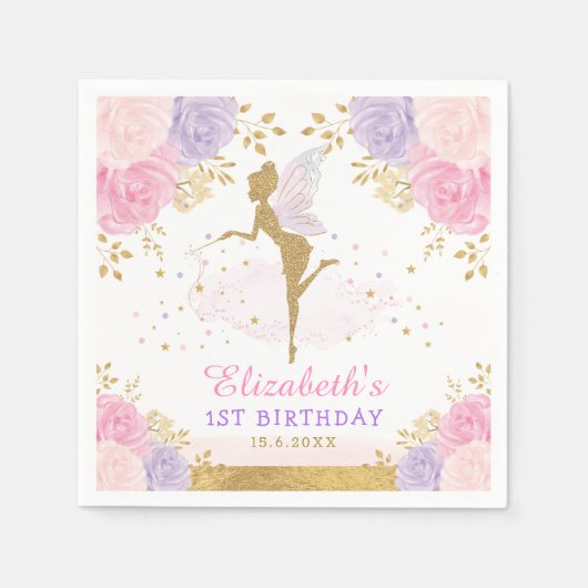 可愛いピンクのラベンダー妖精の赤ちゃんシャワー1歳の誕生日 スタンダードカクテルナプキン (正面)