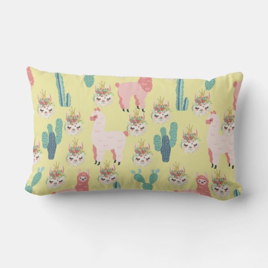 可愛いピンクのラマと緑のサボテンパーソナライズされた ランバークッション (裏面)
