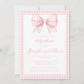 可愛いピンクのリボンのギンガムベビーガールシャワー 招待状 (正面)