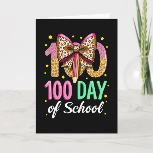 可愛いピンクのリボンの先生用100日目の学校Tシャツ カード (正面)