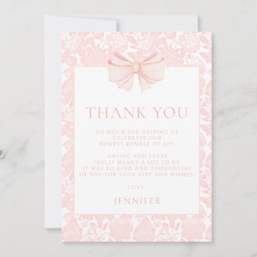 可愛いピンクのリボンフローラ名門私立校風のの赤ちゃんシャワー サンキューカード (正面)