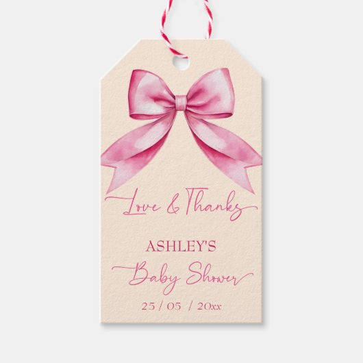 可愛いピンクのリボン赤ちゃん感謝していシャワー ギフトタグ (正面)