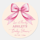 可愛いピンクのリボン赤ちゃん感謝していシャワー ラウンドシール (正面)