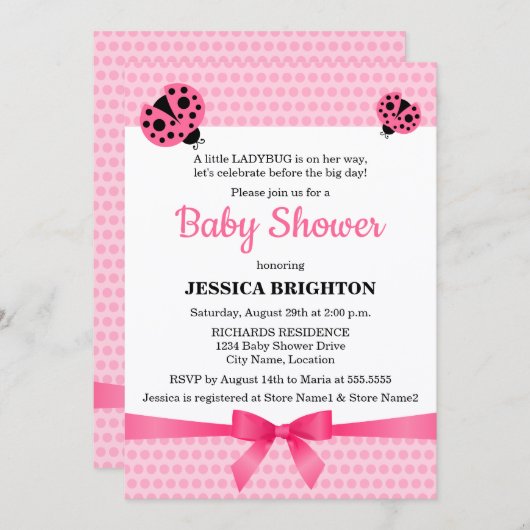 可愛いピンクのレディバグ赤ちゃんシャワー 招待状 (正面/裏面)