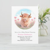 可愛いピンクのワイルドフラワーハイランド牛の女の子ベビーシャワー 招待状 (スタンド正面)