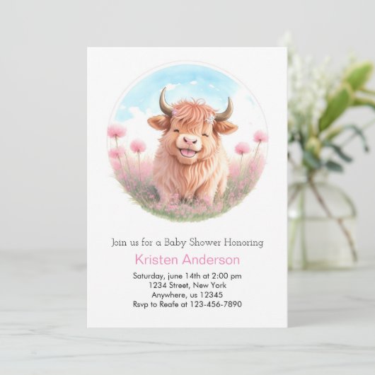可愛いピンクのワイルドフラワーハイランド牛の女の子ベビーシャワー 招待状 (スタンド正面)