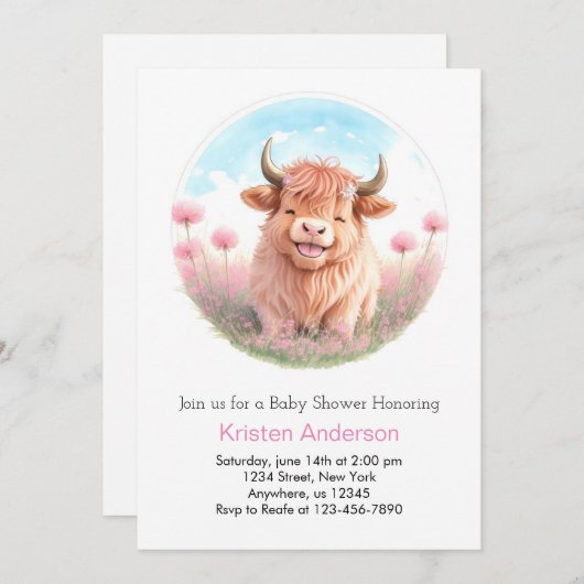 可愛いピンクのワイルドフラワーハイランド牛の女の子ベビーシャワー 招待状 (正面/裏面)