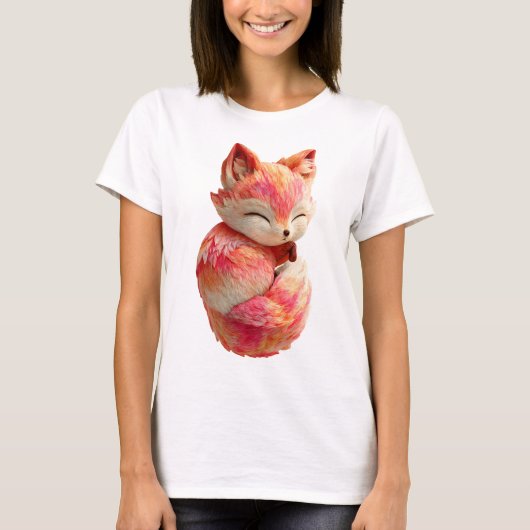 可愛いピンクの夕焼けの狐の精霊の女性 Tシャツ (正面)