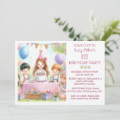 可愛いピンクの女の子のための6歳の誕生日バルーン・パーティーのお祝い 招待状 (スタンド正面)