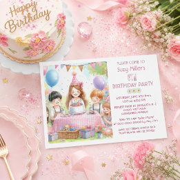 可愛いピンクの女の子のための6歳の誕生日バルーン・パーティーのお祝い 招待状