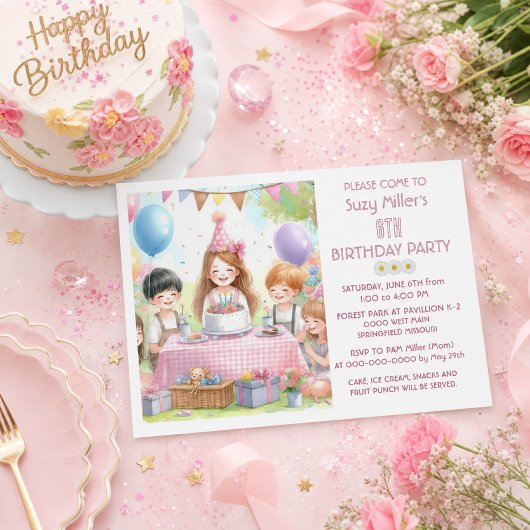 可愛いピンクの女の子のための6歳の誕生日バルーン・パーティーのお祝い 招待状