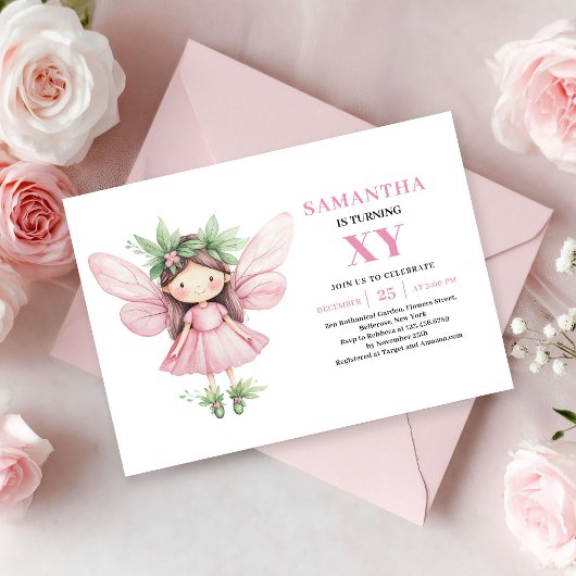 可愛いピンクの妖精の女の子の誕生日マジカル招待状 招待状