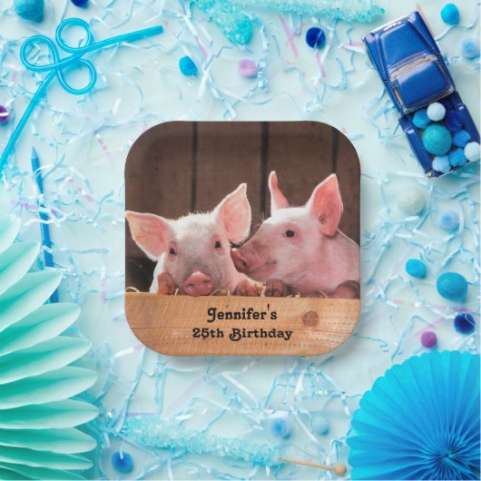 可愛いピンクの子豚の動物写真誕生日 ペーパープレート (パーティー)