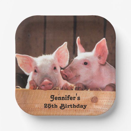 可愛いピンクの子豚の動物写真誕生日 ペーパープレート (正面)