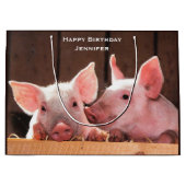 可愛いピンクの子豚の動物写真誕生日 ラージペーパーバッグ (正面)