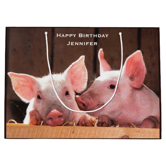 可愛いピンクの子豚の動物写真誕生日 ラージペーパーバッグ (正面)
