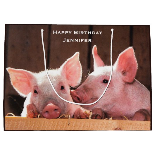 可愛いピンクの子豚の動物写真誕生日 ラージペーパーバッグ (裏面)