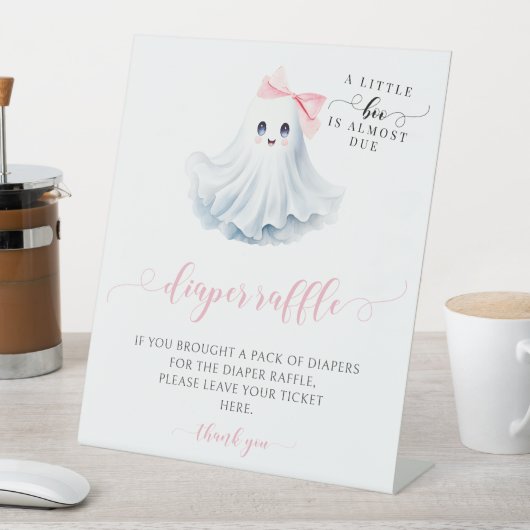 可愛いピンクの小さなブー弓ベビーシャワーオムツラッフル 台座サイン (インサイチュ)