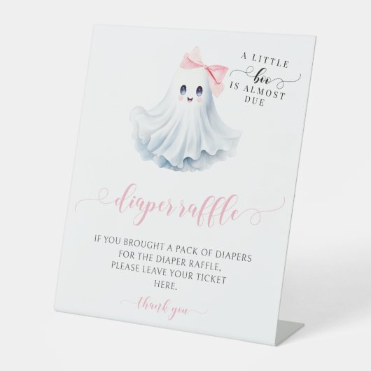 可愛いピンクの小さなブー弓ベビーシャワーオムツラッフル 台座サイン (正面)