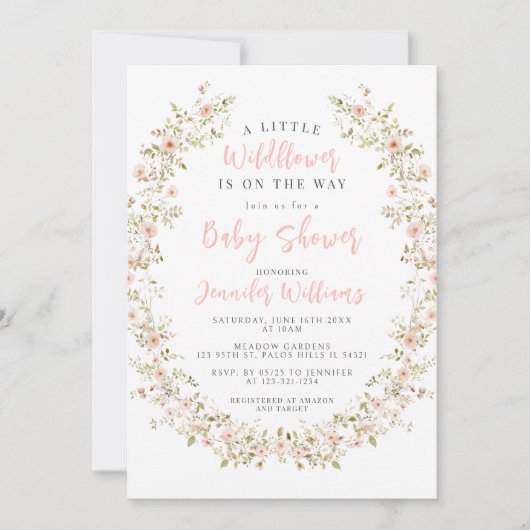 可愛いピンクの小さな野生の花ボホの女の子シャワー 招待状 (正面)