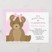 可愛いピンクの弓のベビーガールシャワー付きテディベア 招待状 (正面/裏面)