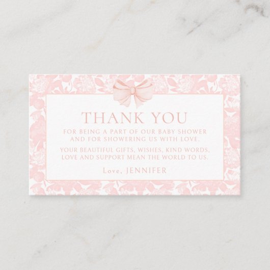 可愛いピンクの弓のベビーガール感謝していシャワーユー エンクロージャーカード (正面)