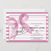 可愛いピンクの弓の女の子ベビーストライプシャワー 招待状 (正面)