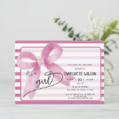 可愛いピンクの弓の女の子ベビーストライプシャワー 招待状 (スタンド正面)