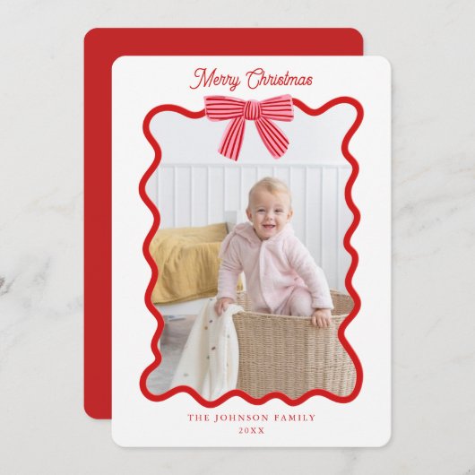可愛いピンクの弓クリスマスフォトフレーム シーズンカード (正面/裏面)